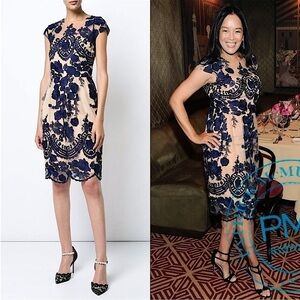 MARCHESA Navy Floral Embroidered Rosette Cap Sleeve Beige Tulle Sheath Dress‎ 0